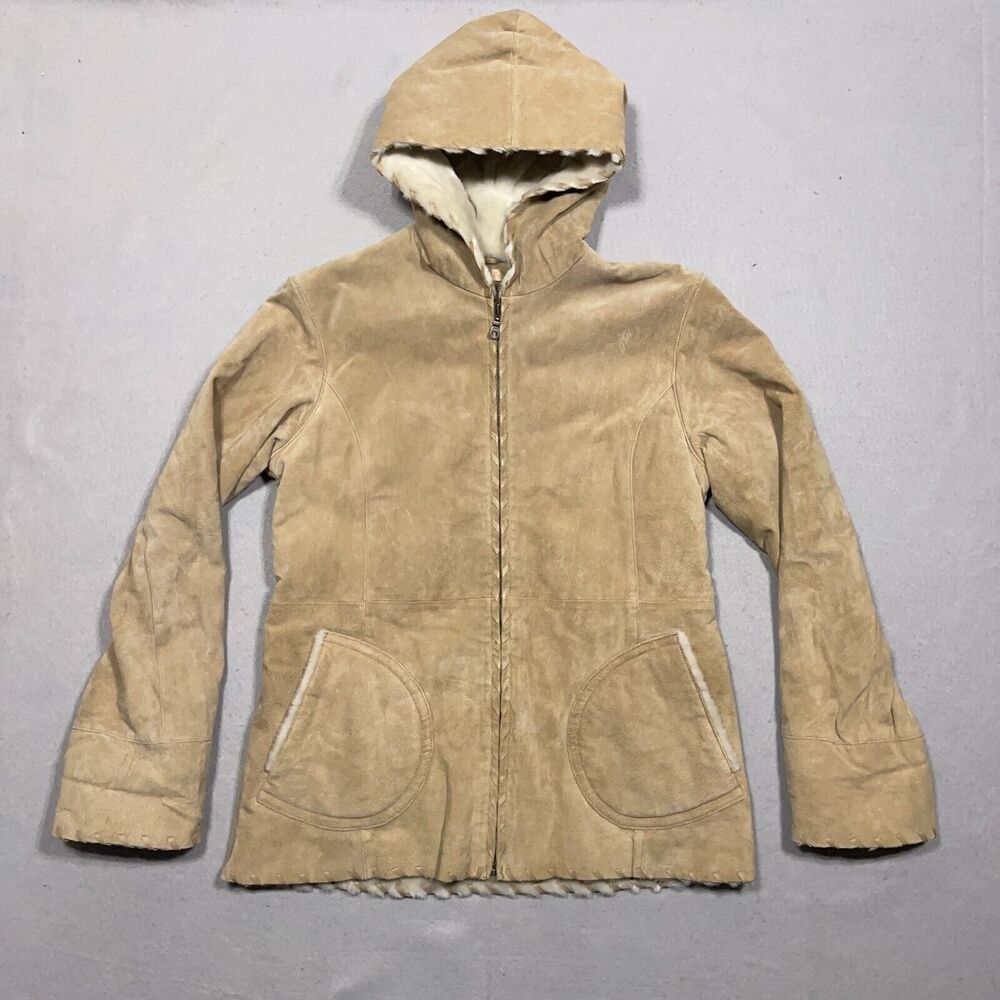Wilsons Leather Jacket Women Medium Tan Genuine Leather‎ Faux Shearling Hooded